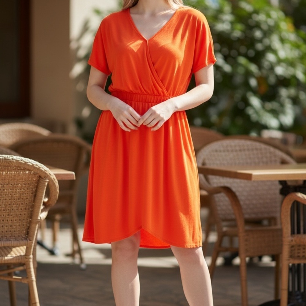 Taylor Bright Orange Midi V-Neck Dress